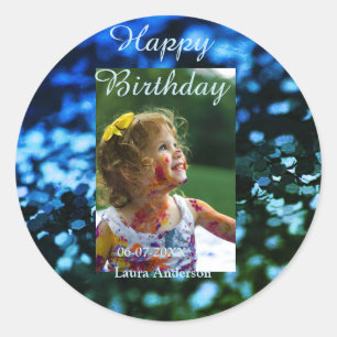 Blue green glitter photo kids birthday modern rust classic round sticker