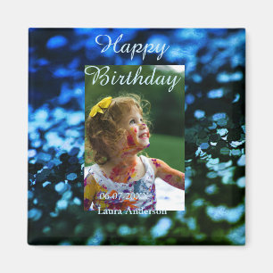Blue green glitter photo kids birthday modern rust magnet