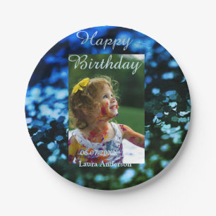 Blue green glitter photo kids birthday modern rust paper plate