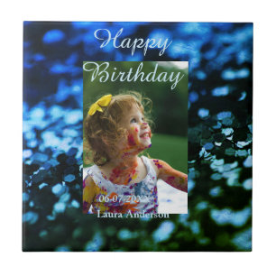 Blue green glitter photo kids birthday modern rust tile