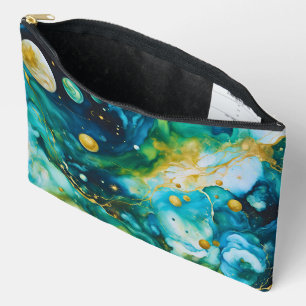 Blue Green Gold Alcohol Ink Cosmos Accessory Pouch