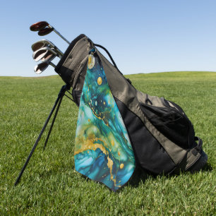 Blue Green Gold Alcohol Ink Cosmos Golf Towel