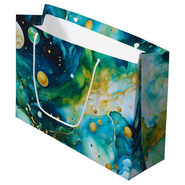 Blue Green Gold Alcohol Ink Cosmos Large Gift Bag (Front Angled)