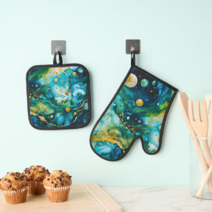 Blue Green Gold Alcohol Ink Cosmos Oven Mitt & Pot Holder Set