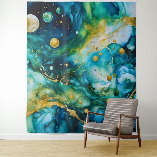 Blue Green Gold Alcohol Ink Cosmos Tapestry (In Situ)
