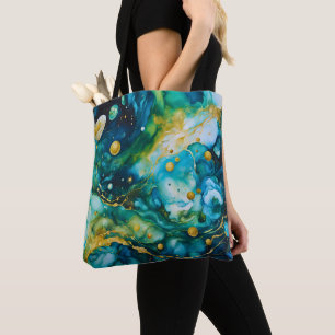 Blue Green Gold Alcohol Ink Cosmos Tote Bag