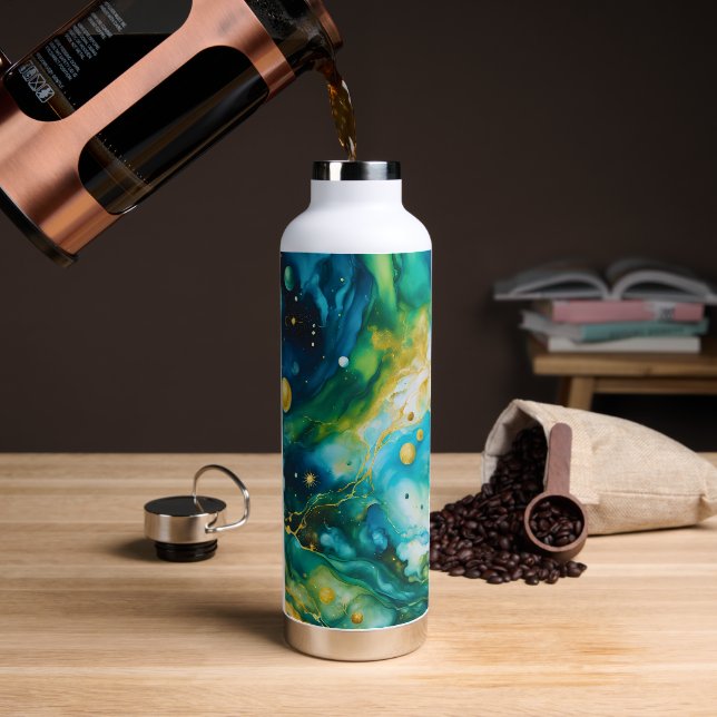 Blue Green Gold Alcohol Ink Cosmos Water Bottle (Coffee)
