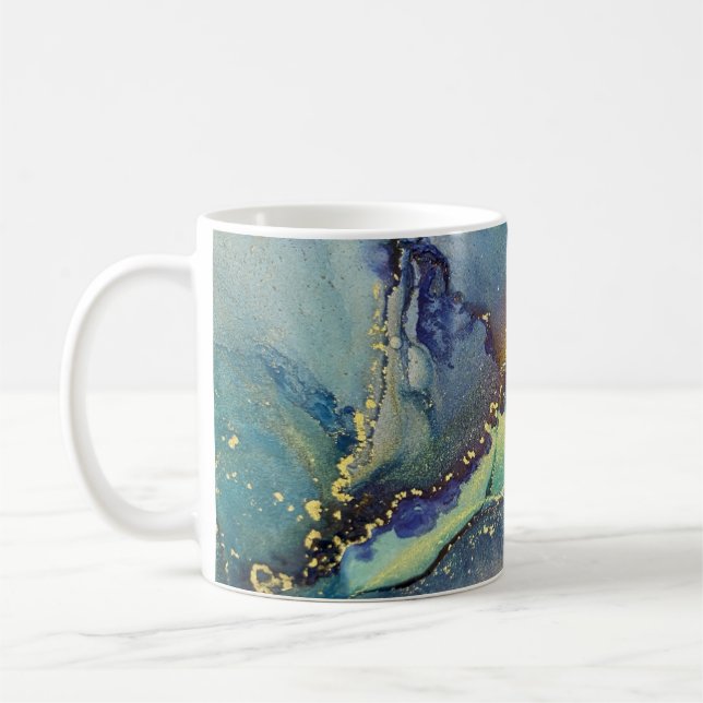 Blue Green Gold Alcohol Ink Liquid Abstract Art Coffee Mug (Left)