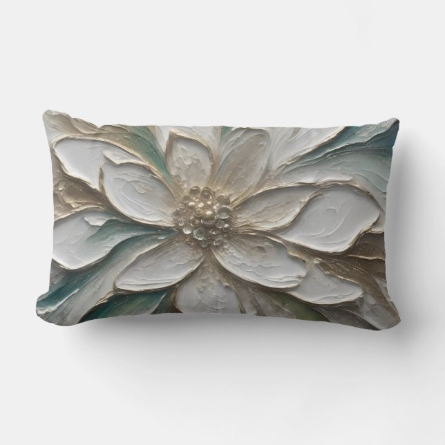 Blue Green Gold and White Abstract Flower Lumbar Cushion (Front)