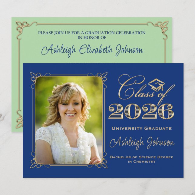 Blue, Green, Gold Class of 2026 Photo Graduation Invitation (Front/Back)