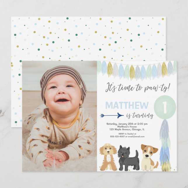 Blue green gold cute dog puppy boy birthday photo invitation (Front/Back)