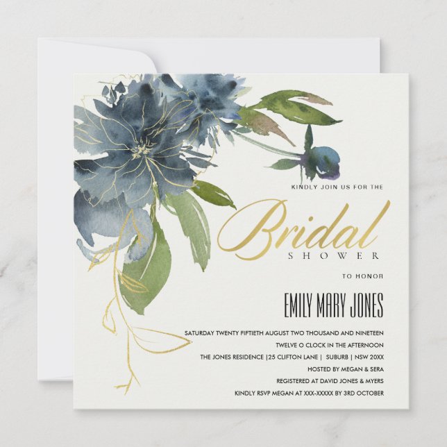 BLUE GREEN GOLD FLORAL WATERCOLOR BRIDAL SHOWER INVITATION (Front)