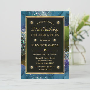 Blue, Green & Gold Glitter Agate 21st Birthday Invitation