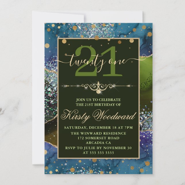 Blue & Green & Gold Glitter Agate Birthday Party Invitation (Front)