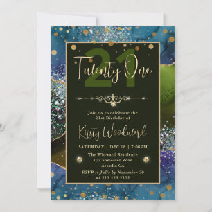 Blue & Green & Gold Glitter Agate Birthday Party Invitation