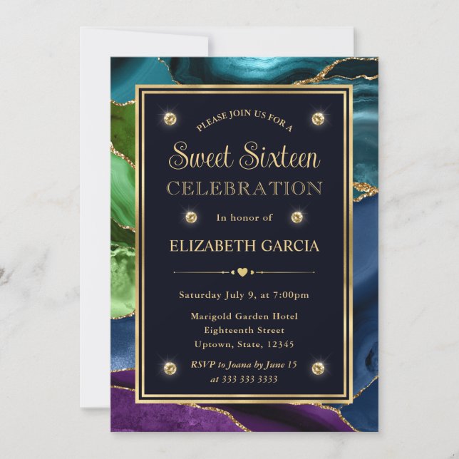 Blue, Green & Gold Glitter Agate Sweet Sixteen Invitation (Front)