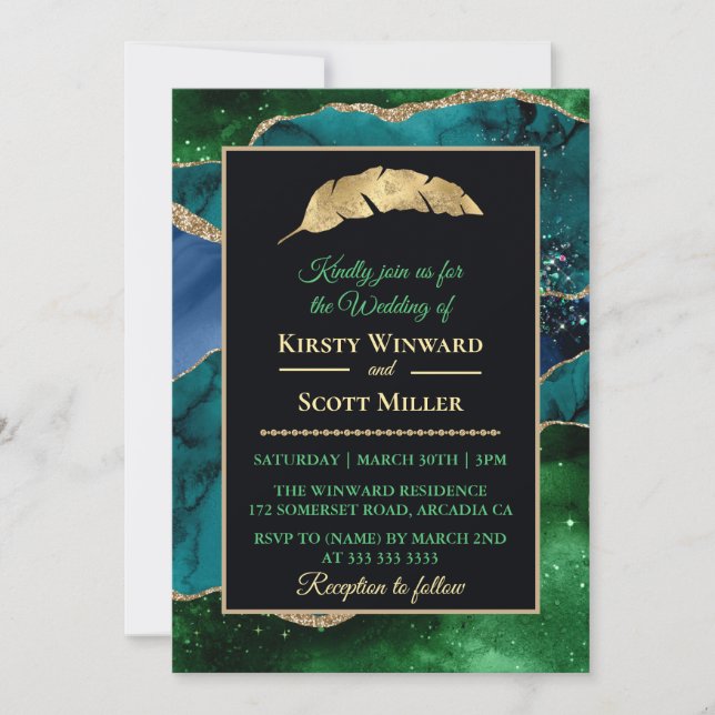 Blue Green Gold Glitter Agate Wedding Invitation (Front)