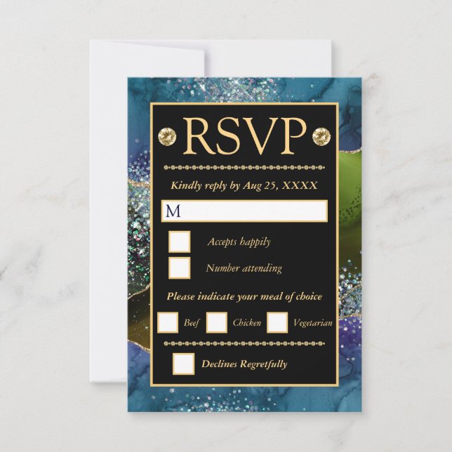 Blue Green Gold Glitter Agate Wedding RSVP Card (Front)