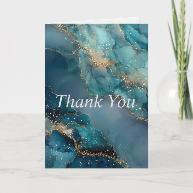 Blue, Green, Gold Glittering Marble Thank You Card (Front)