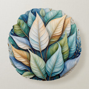 Blue Green gold latte Leaves Round Cushion