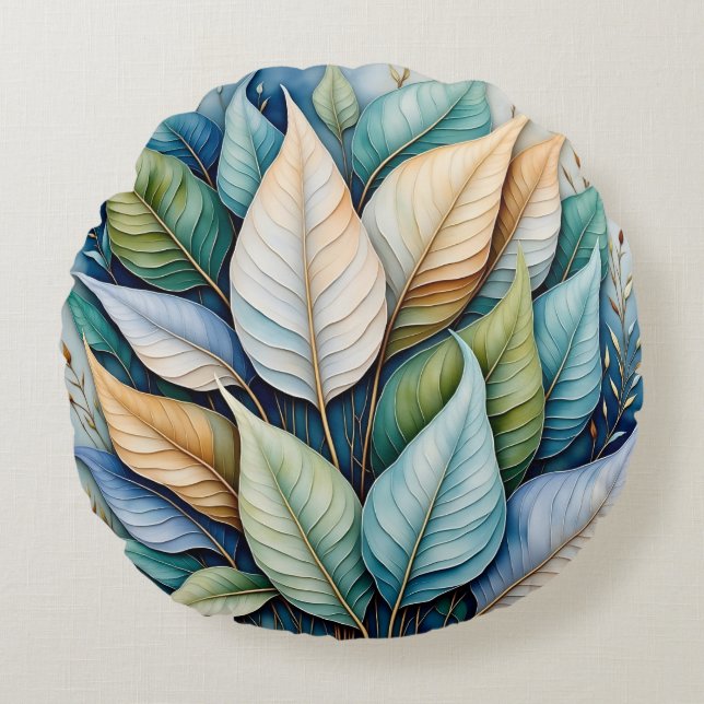 Blue Green gold latte Leaves Round Cushion (Front)