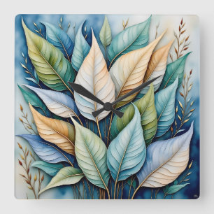 Blue Green gold latte Leaves Square Wall Clock