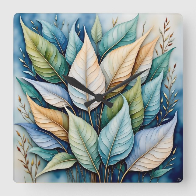 Blue Green gold latte Leaves Square Wall Clock (Front)
