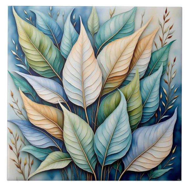 Blue Green gold latte Leaves Tile (Front)