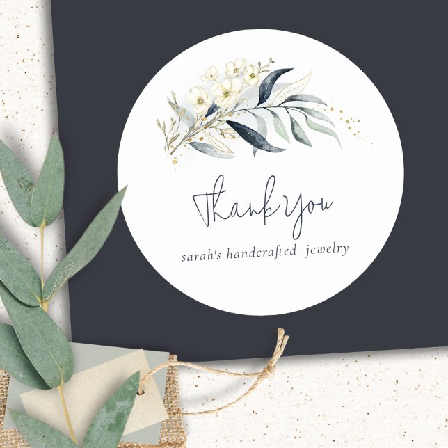 Blue Green Gold Leafy Botanical Floral Thank You Classic Round Sticker (Creator Uploaded)