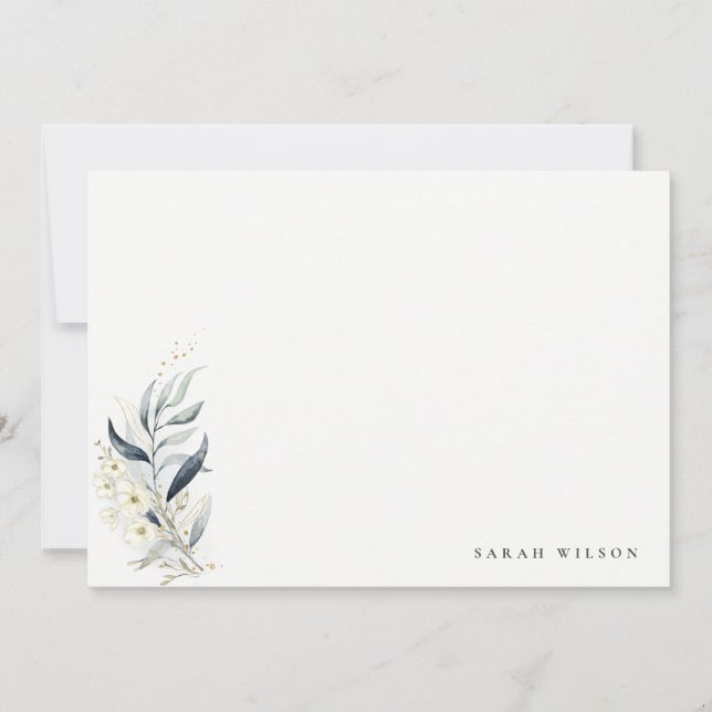 Blue Green Gold Leafy Botanical Floral Wedding Card (Front)