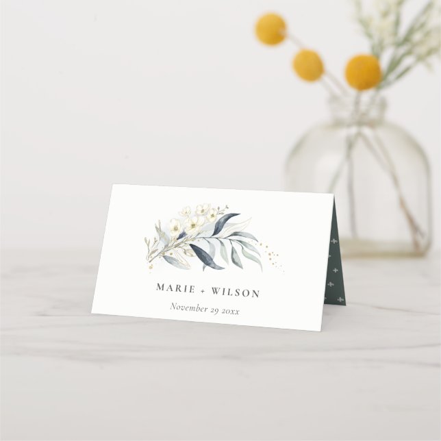 Blue Green Gold Leafy Botanical Floral Wedding Place Card (Front)