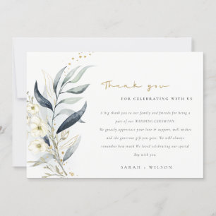 Blue Green Gold Leafy Botanical Floral Wedding Thank You Card