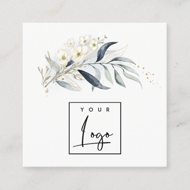 Blue Green Gold Leafy Botanical Floral Your Logo Square Business Card (Front)