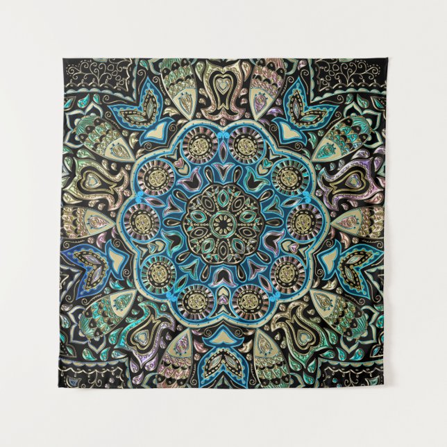Blue Green Gold Mandala Wall Tapestry (Front)