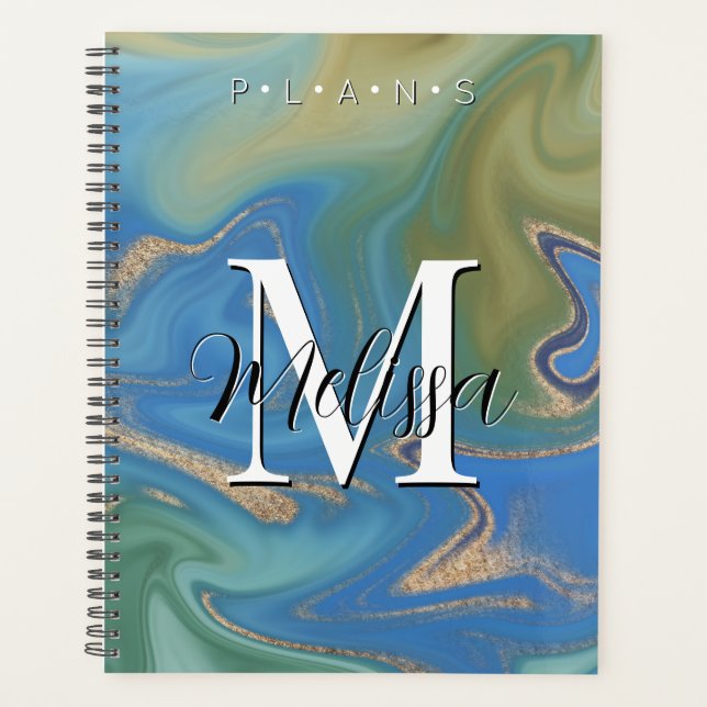 Blue Green & Gold Modern Abstract Monogram Planner (Front)