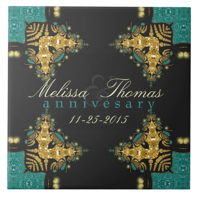 Blue Green +Gold Tribal Anniversary Keepsake Tile (Front)