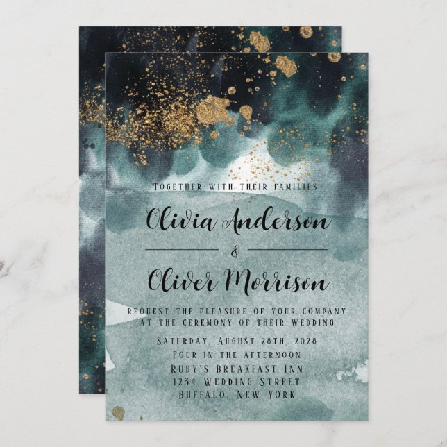 Blue Green Gold Watercolor Agate Beach Wedding Inv Invitation (Front/Back)