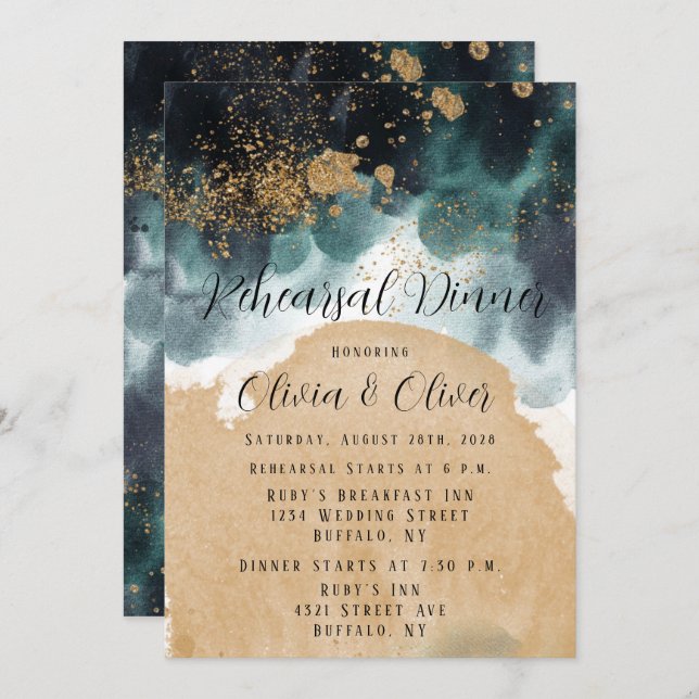 Blue Green Gold Watercolor Agate Rehearsal Dinner Invitation (Front/Back)