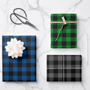 Blue Green & Gray Buffalo Plaid Wrapping Paper Sheet