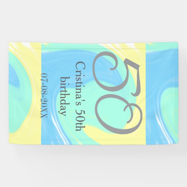 Blue green grey 50th birthday add name date retro banner (Horizontal)