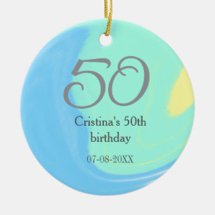 Blue green grey 50th birthday add name date retro ceramic tree decoration
