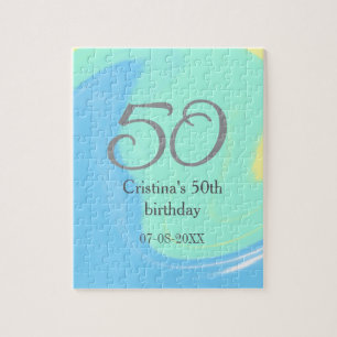Blue green grey 50th birthday add name date retro jigsaw puzzle