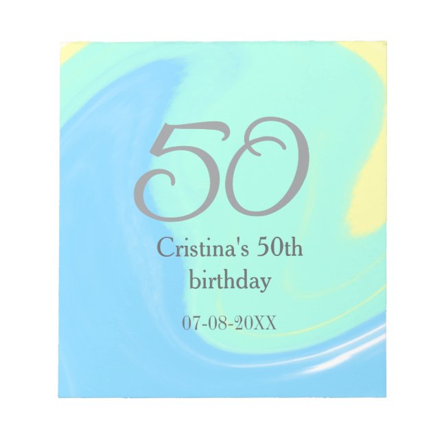 Blue green grey 50th birthday add name date retro notepad (Front)