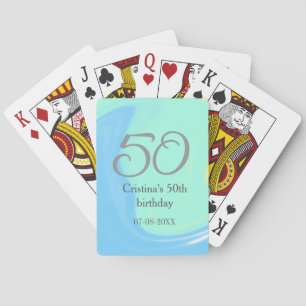 Blue green grey 50th birthday add name date retro playing cards