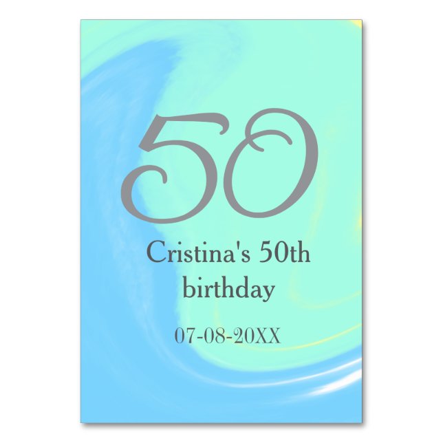 Blue green grey 50th birthday add name date retro table number (Front)