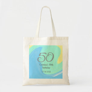 Blue green grey 50th birthday add name date retro tote bag