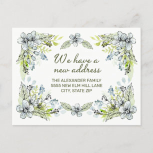 Blue Green Hand Drawn Flowers New Address Announcement Postcard