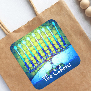 Blue Green Hanukkah Menorah Monogram Name Script Square Sticker