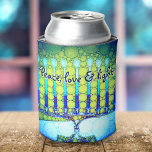 Blue Green Hanukkah Menorah Peace Love Light Artsy Can Cooler<br><div class="desc">“Peace love and light.” Add extra sparkle to the holiday season with this colourful, custom Hanukkah can cooler! A playful, artsy illustration of blue menorah candles with colourful faux foil patterns and modern typography overlay a turquoise gradient to white textured background. Personalise with your name. Feel the warmth and joy...</div>