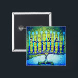 Blue Green Hanukkah Menorah Peace Sparkle Shine 15 Cm Square Badge<br><div class="desc">“Peace, sparkle, shine.” A close-up photo of a bright, colorful, blue and green artsy menorah helps you usher in the holiday of Hanukkah in style. Feel the warmth and joy of the holiday season whenever you wear this chic, colorful Hanukkah button. Matching cards, postage, stickers, pillows, housewares, totebags, and other...</div>